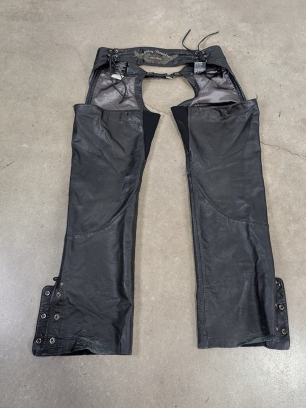 Harley Davidson Genuine Leather Motorcycle Chaps Black Adjustable Biker Riding L